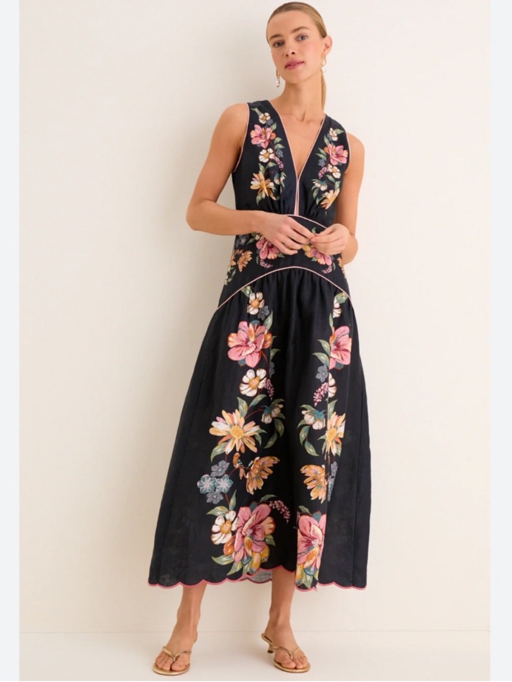 Farm Rio Dress Maira Midi Deep V-Neck Sleeveless in Dark Blue Floral